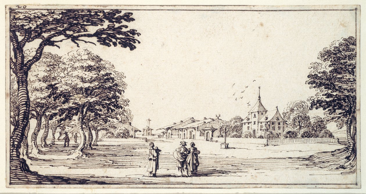 Katu Bainville-sur-Madonissa, jossa Callotin talo (kynä ja ruskea muste paperilla) tekijältä Jacques Callot