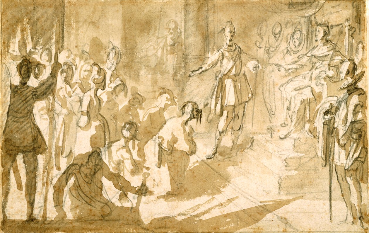 Amiraali Inghirami esittelee turkkilaisia vankeja Toscanan kuninkaalle Ferdinand I:lle, n. 1615 (kynä ja muste liidulla paperilla) tekijältä Jacques Callot