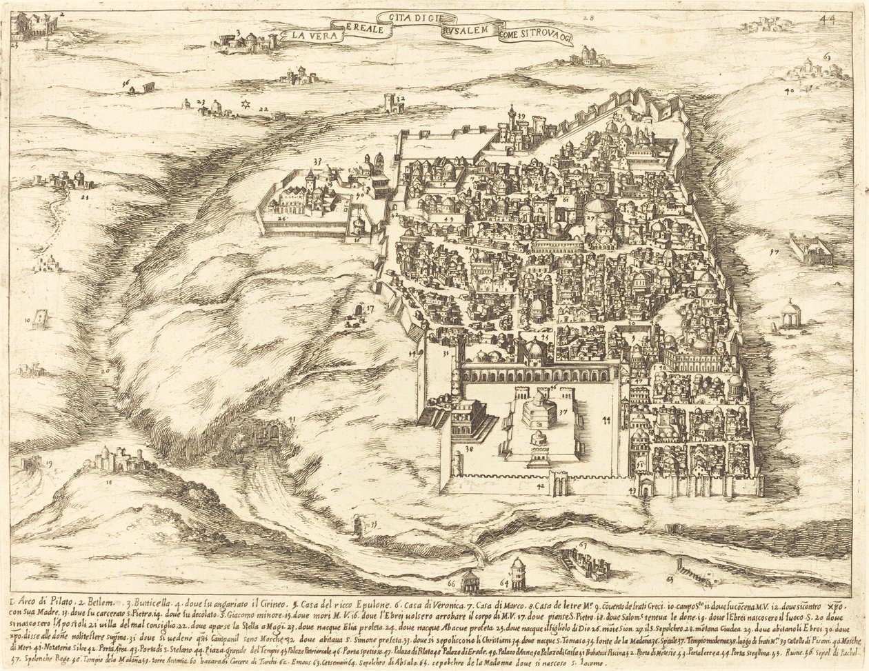 Ilmakuva Jerusalemin kaupungista tekijältä Jacques Callot