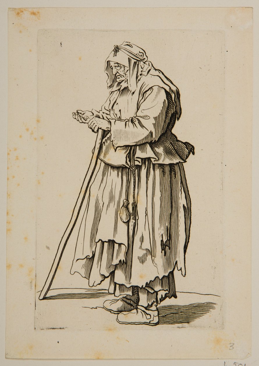 Kerjäläinen nainen saa almua (etsaus) tekijältä Jacques Callot