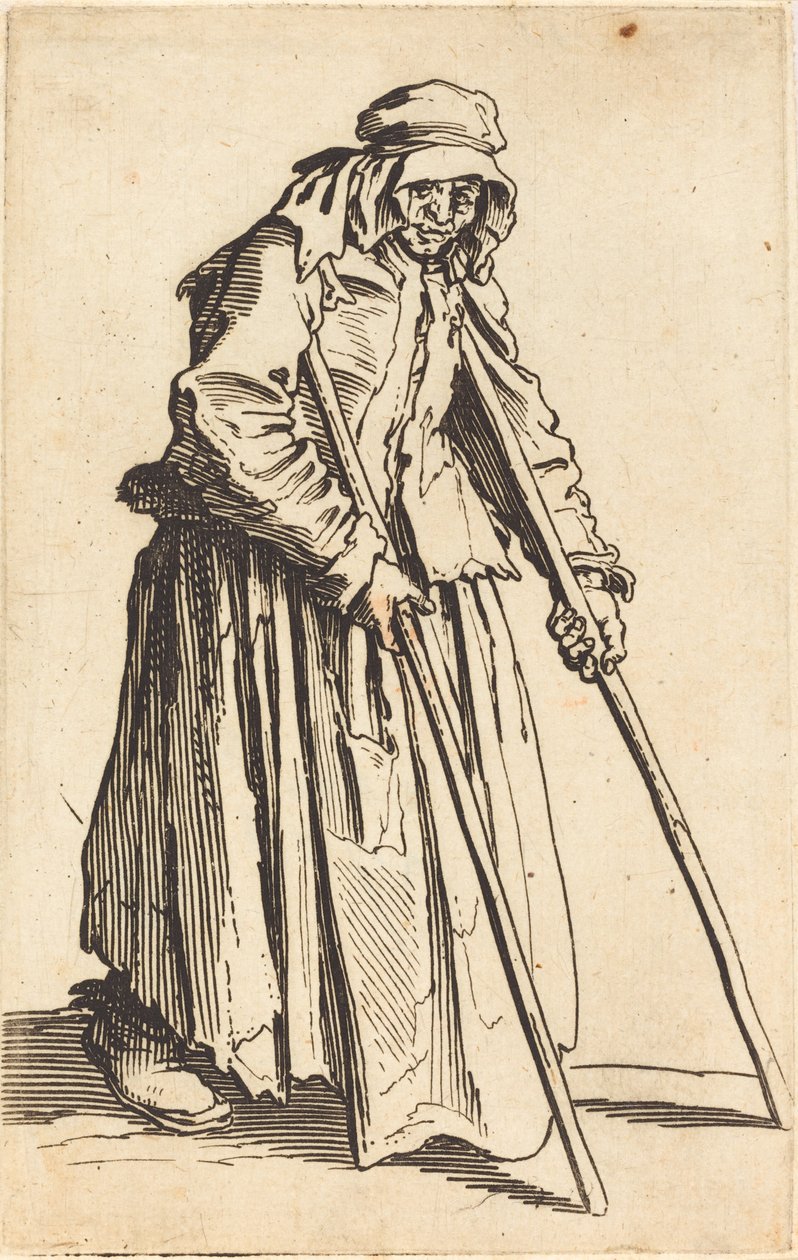 Kerjäläinen nainen kainalosauvoilla, n. 1622. tekijältä Jacques Callot