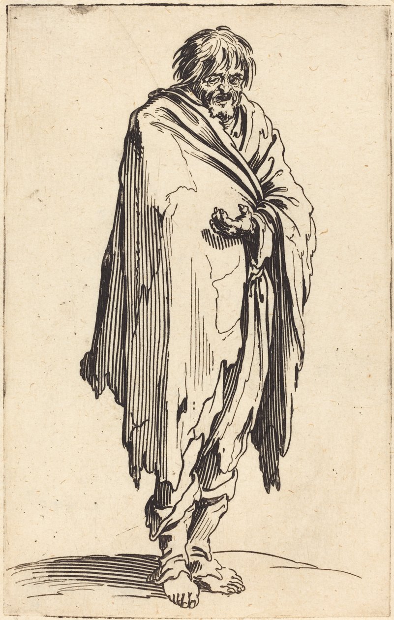 Kerjäläinen paljain pään ja jaloin, n. 1622 tekijältä Jacques Callot
