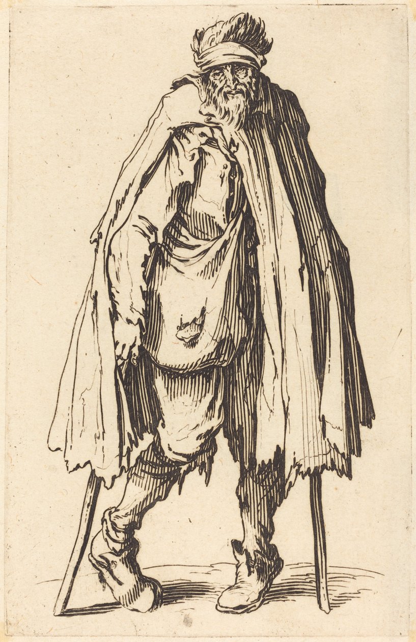 Kerjäläinen kainalosauvoilla ja säkillä tekijältä Jacques Callot