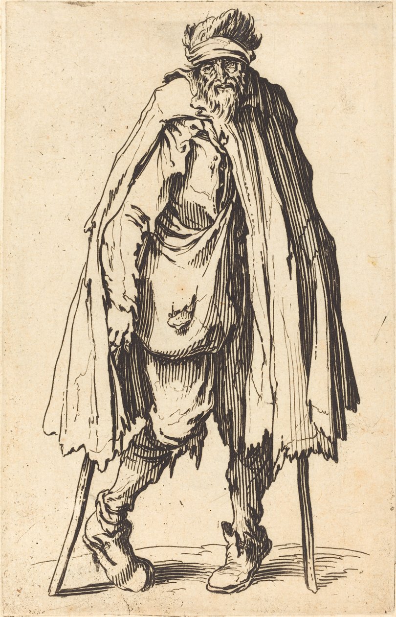 Kerjäläinen kainalosauvoilla ja säkillä tekijältä Jacques Callot