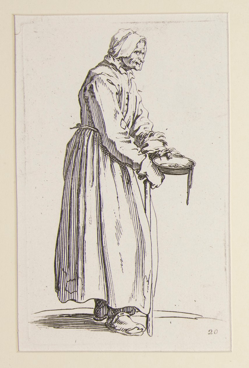 Kerjäläinen, joka kantaa kulhoa, The Beggarsista (La mendiante a la sebille) tekijältä Jacques Callot