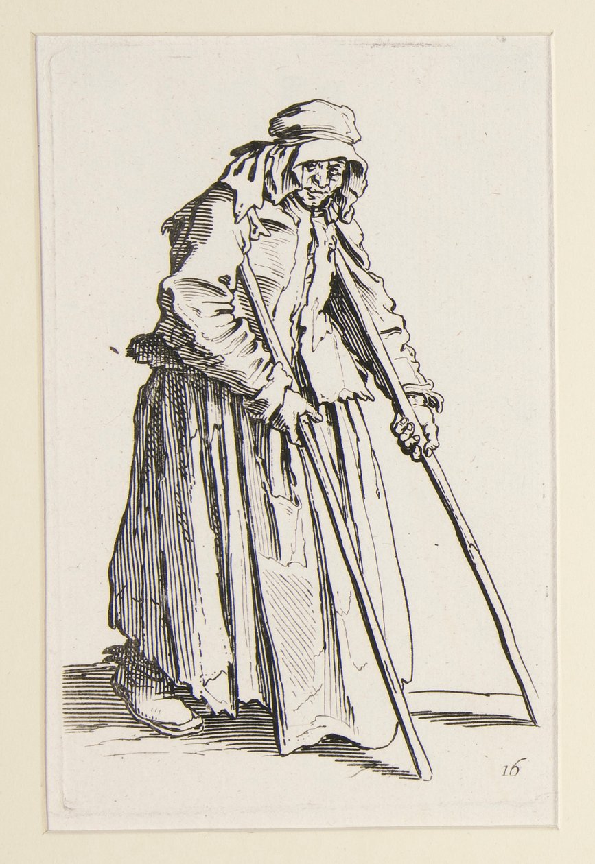 Kerjäläinen kainalosauvoilla, The Beggars (La mendiante aux bequilles) tekijältä Jacques Callot