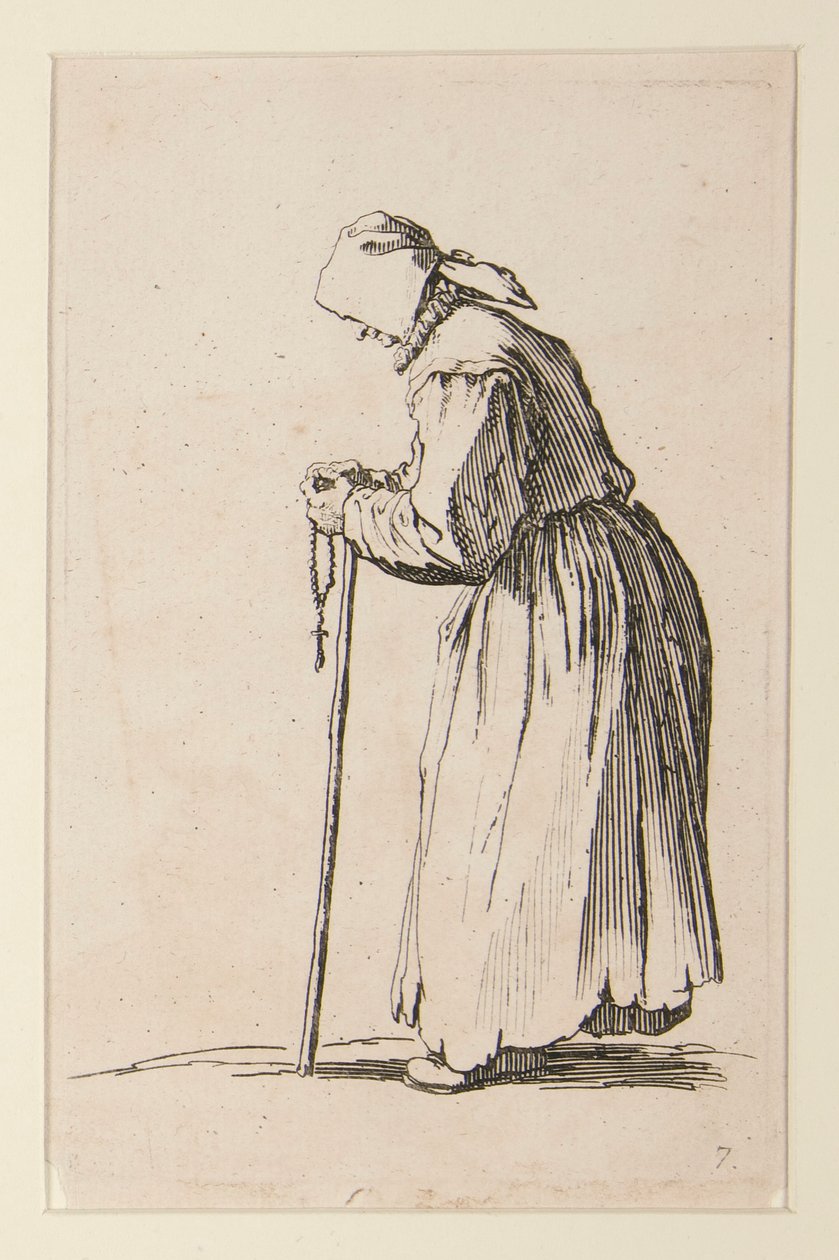 Kerjäläinen nainen rukousnauhalla, The Beggars (La mendiante aux rosaire) tekijältä Jacques Callot