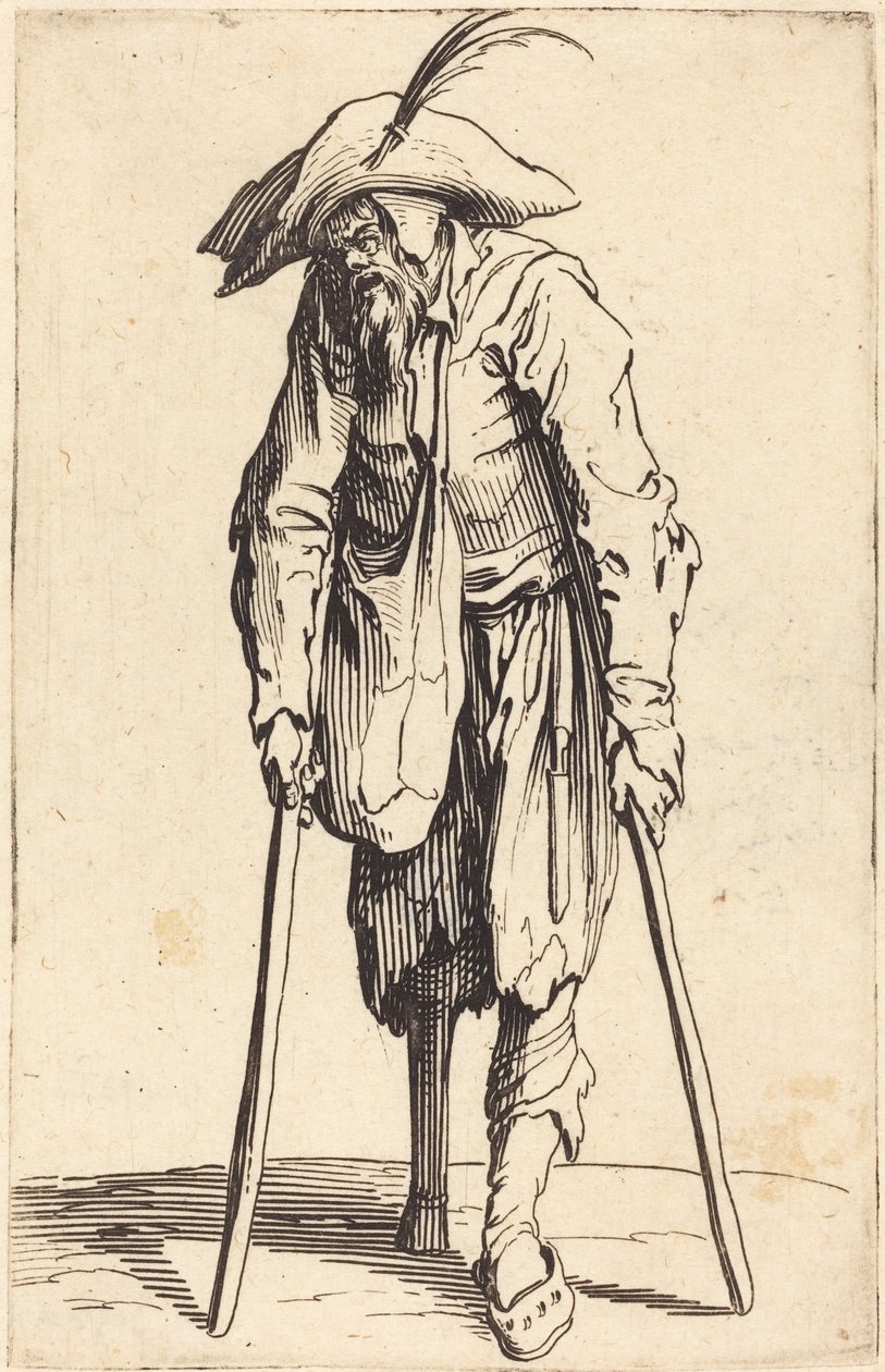 Kerjääjä puujalalla, n. 1622 tekijältä Jacques Callot