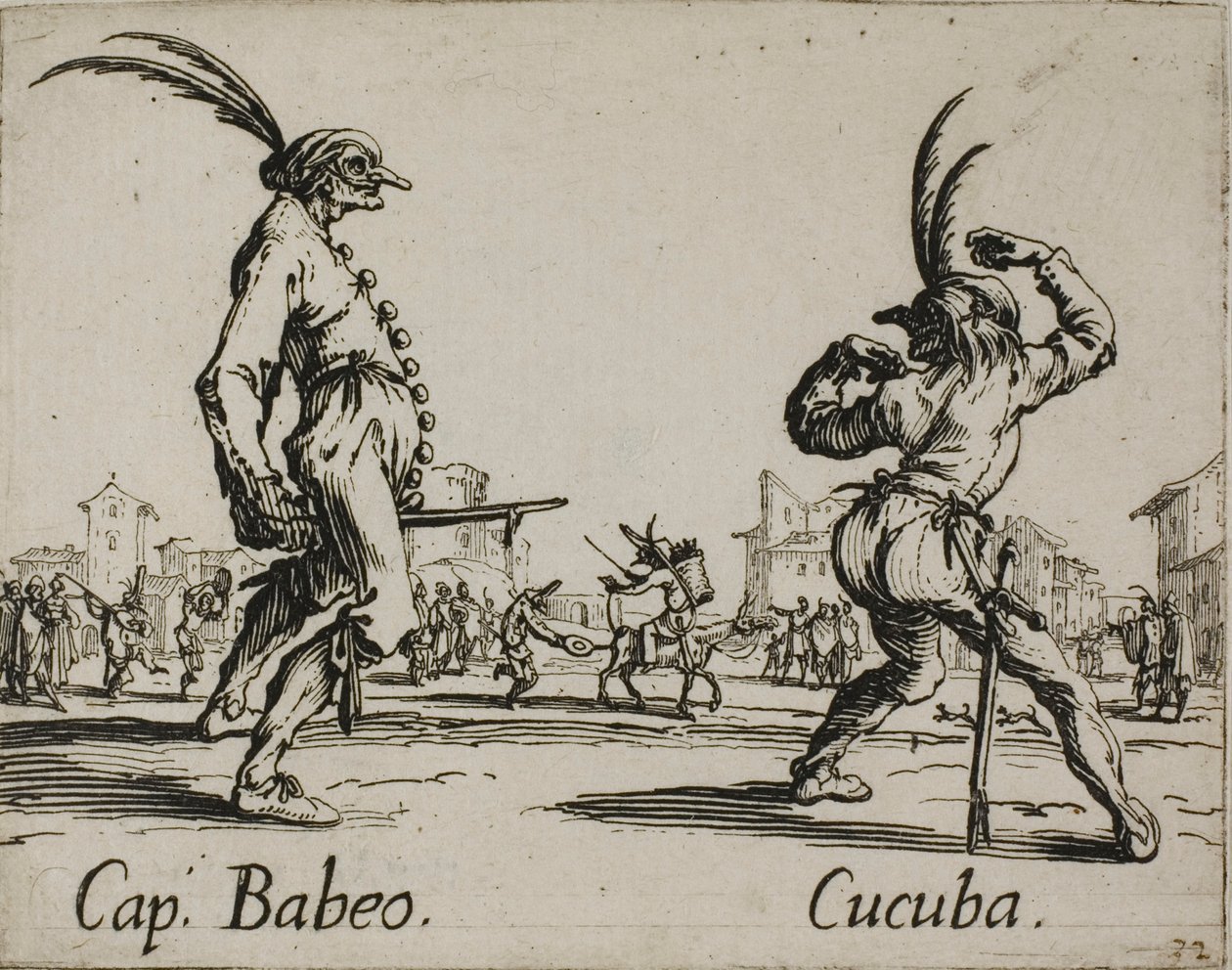 Kapteeni Babeo - Cucuba, lautanen 16, Balli di Sfessania tekijältä Jacques Callot