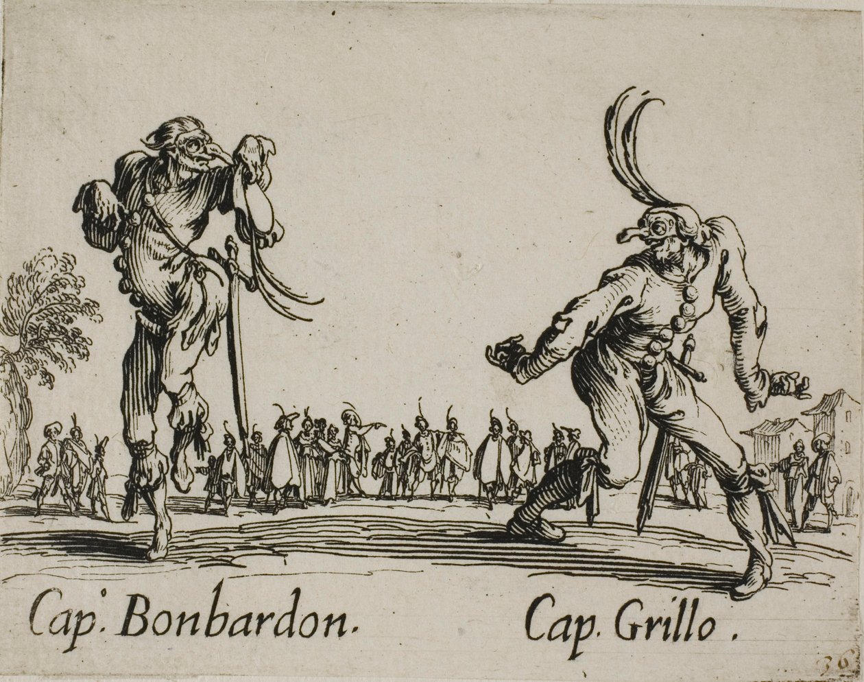 Kapteeni Bonbardon - Kapteeni Grillo, levy 13, Balli di Sfessania -lehti. tekijältä Jacques Callot