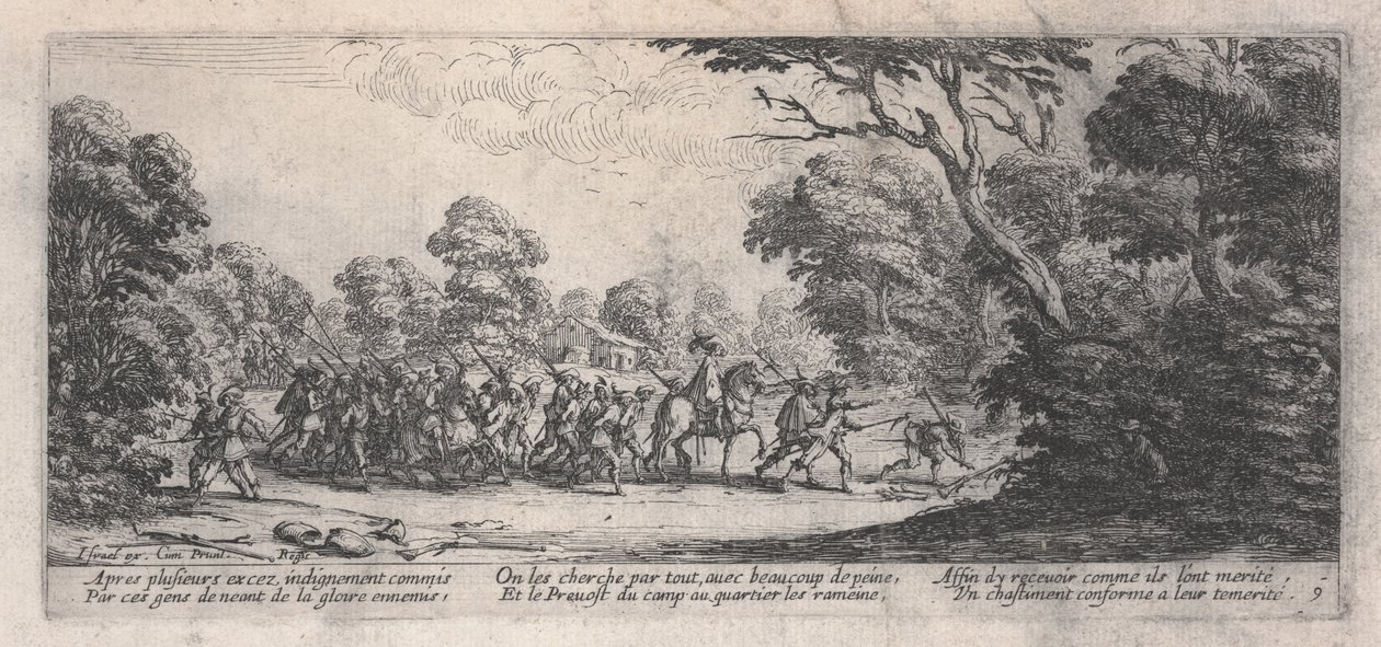 Marauderien vangitseminen (Découverte des malfaiteurs), elokuvasta "The Miseries of War" tekijältä Jacques Callot