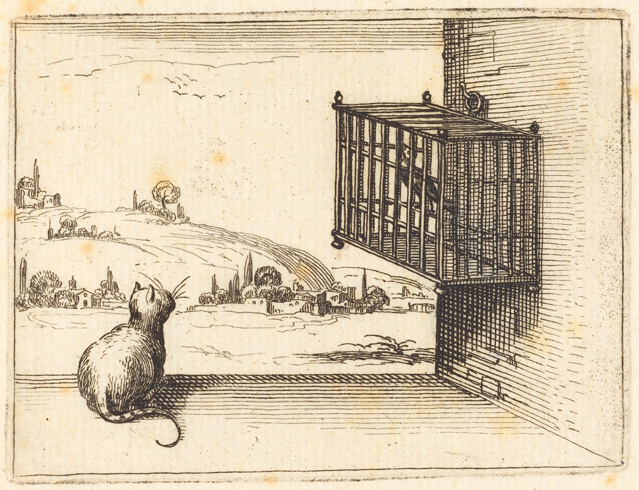 Kissa katselee häkissä olevaa lintua tekijältä Jacques Callot