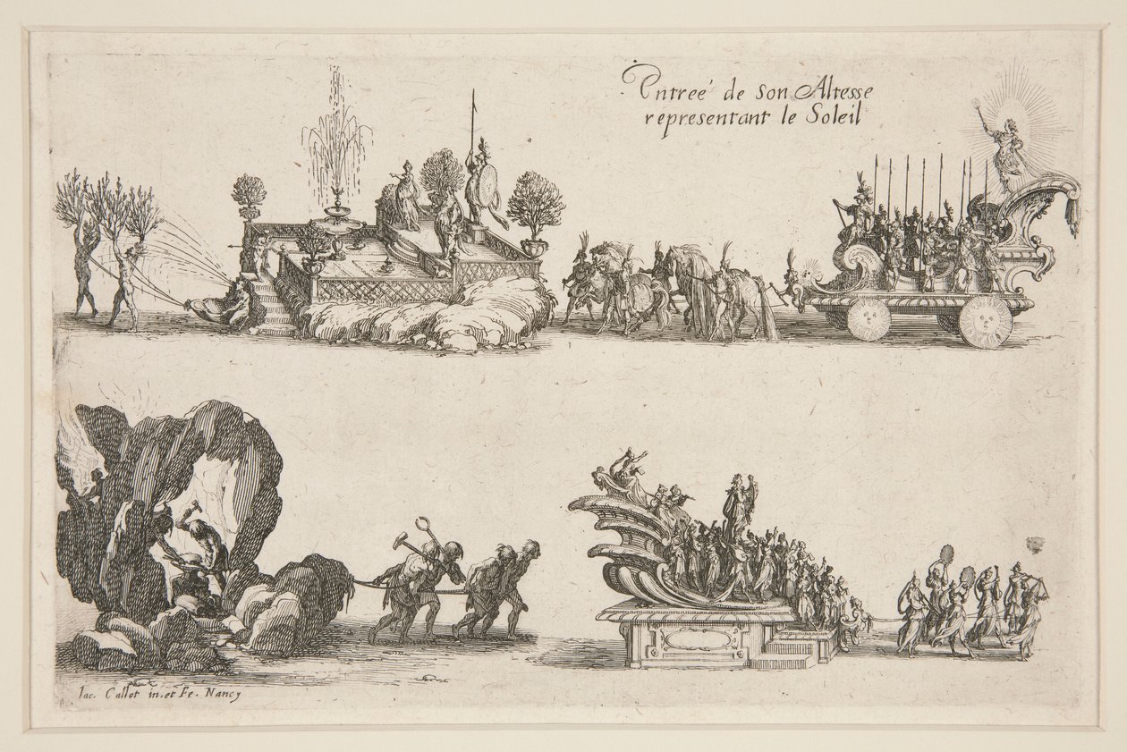 Taistella? Barrier, hänen korkeutensa (Charles IV) sisäänkäynti, joka edustaa aurinkoa tekijältä Jacques Callot