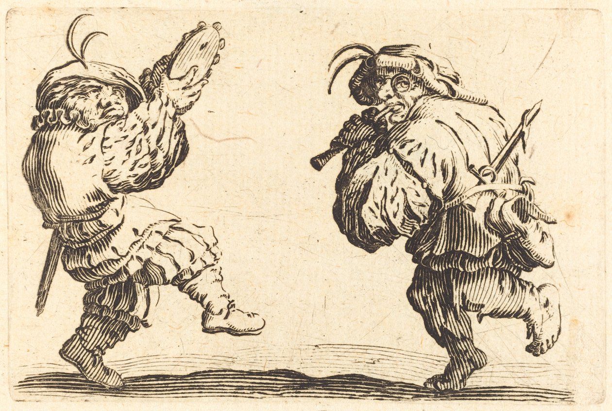 Tanssijat huilun ja tamburiinin kanssa tekijältä Jacques Callot