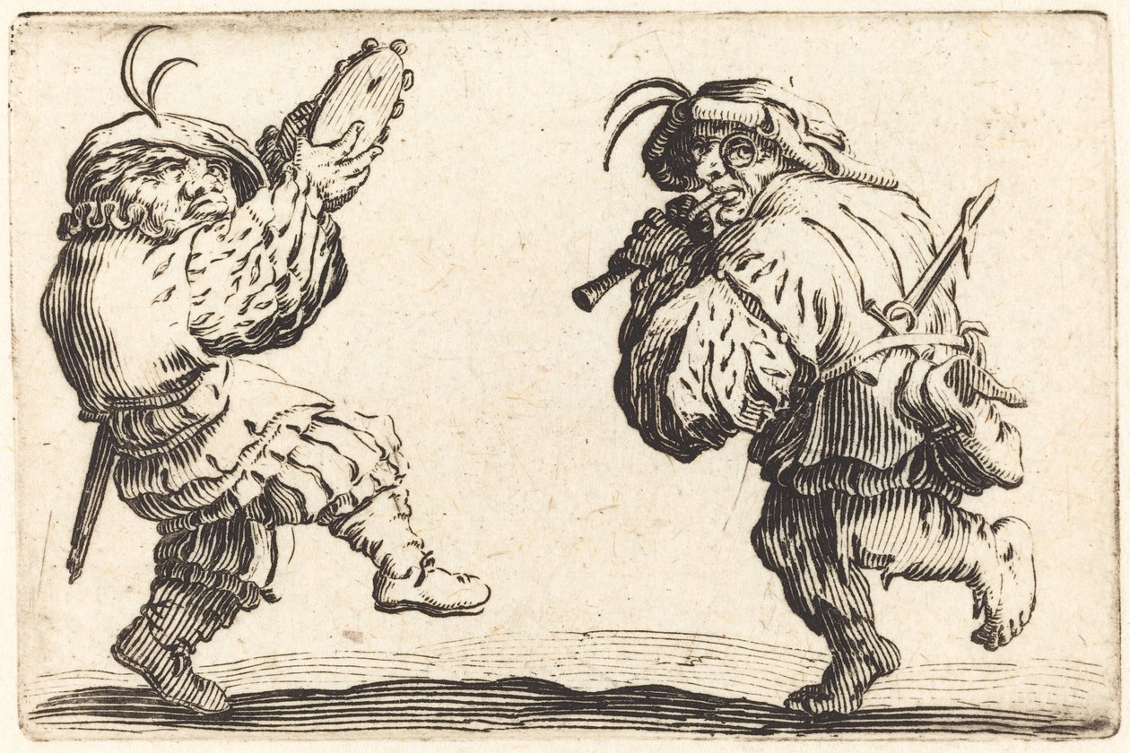 Tanssijat huilun ja tamburiinin kanssa, n. 1622. tekijältä Jacques Callot