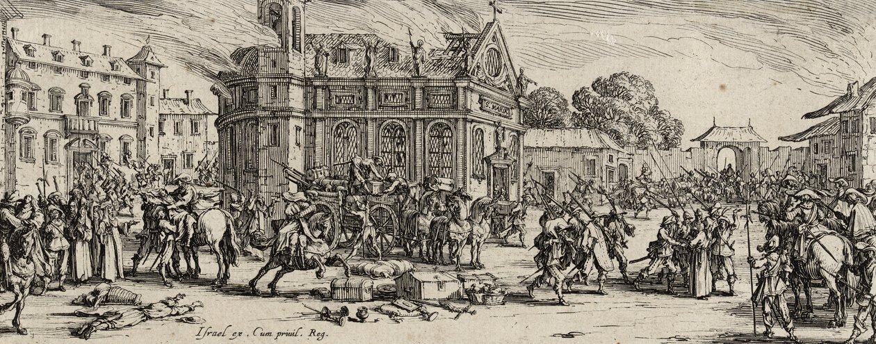 Luostarin tuho 1633 (etsaus paperille) tekijältä Jacques Callot
