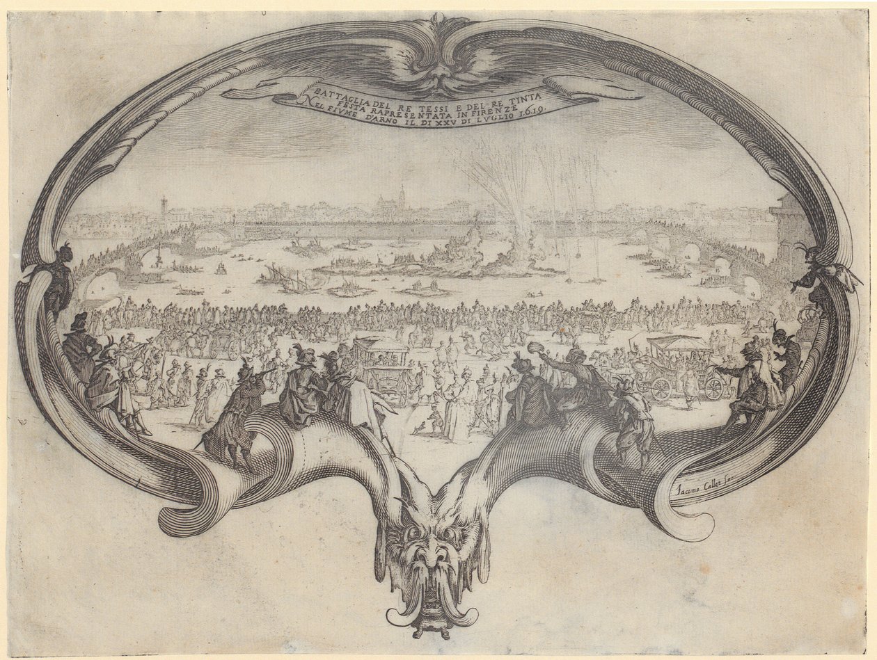 Yksityiskohta teoksesta ”Monseigneur Henry de Lorrainen saapuminen”, sarjan ”Turnajaiset” sivu 10 tekijältä Jacques Callot