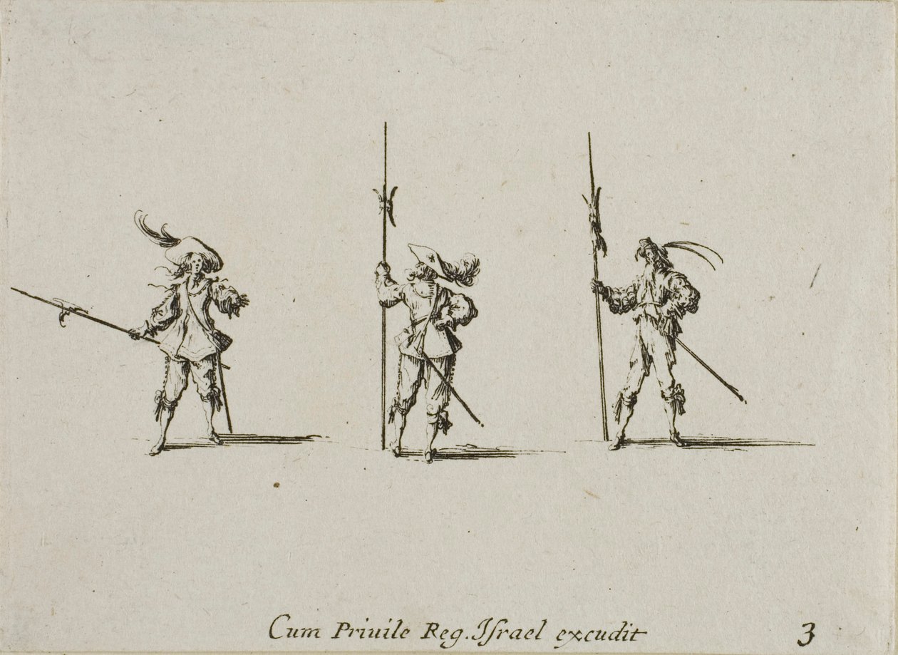 Harjoitus halberdien kanssa, levy kolme teoksesta Sotilasharjoitukset. tekijältä Jacques Callot