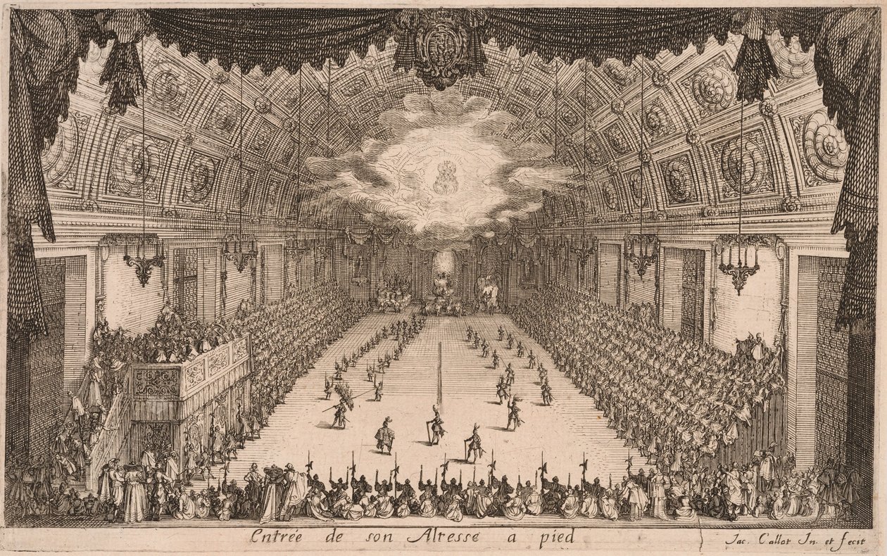 Herttua Kaarle IV saapuu jalan, teoksesta Combat à la Barrière tekijältä Jacques Callot