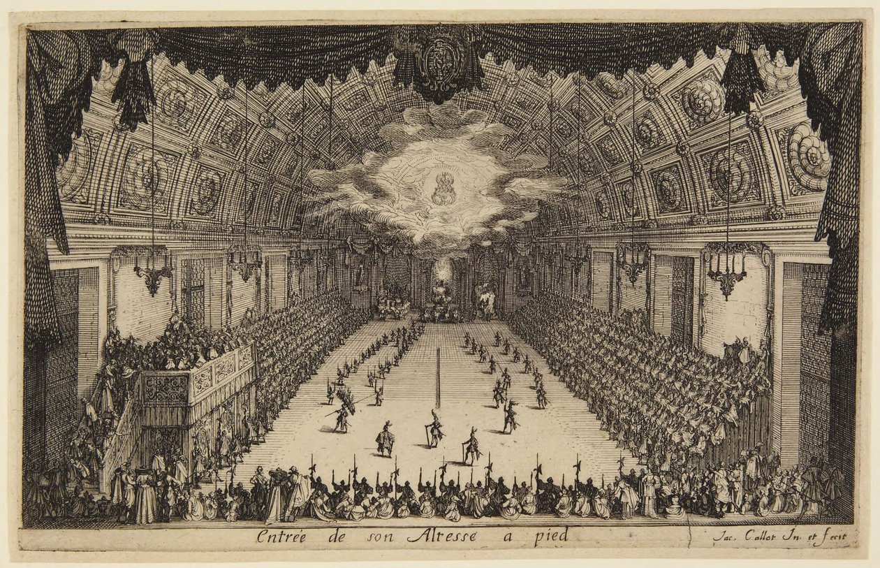 Sisääntulo jalan, sarjasta Le Combat à La Barrière (Taistelu puomilla) tekijältä Jacques Callot