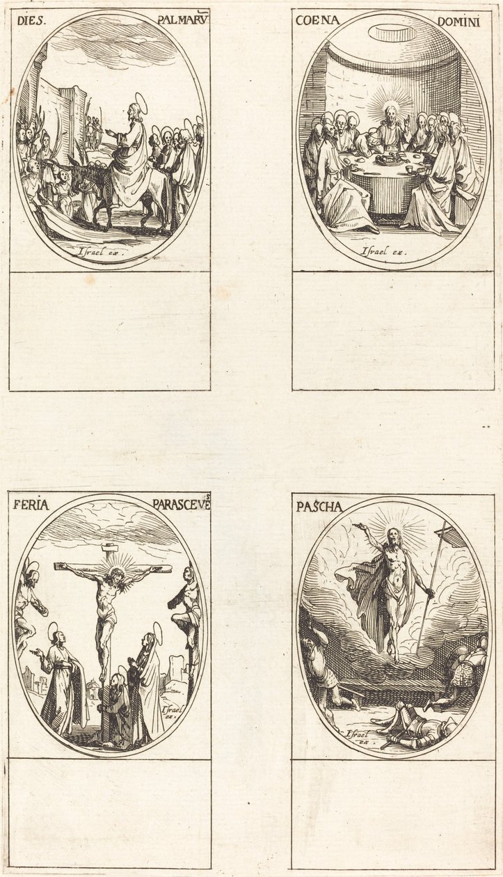 Pääsy Jerusalemiin; Viimeinen ehtoollinen; Ristiinnaulitseminen; Ylösnousemus tekijältä Jacques Callot