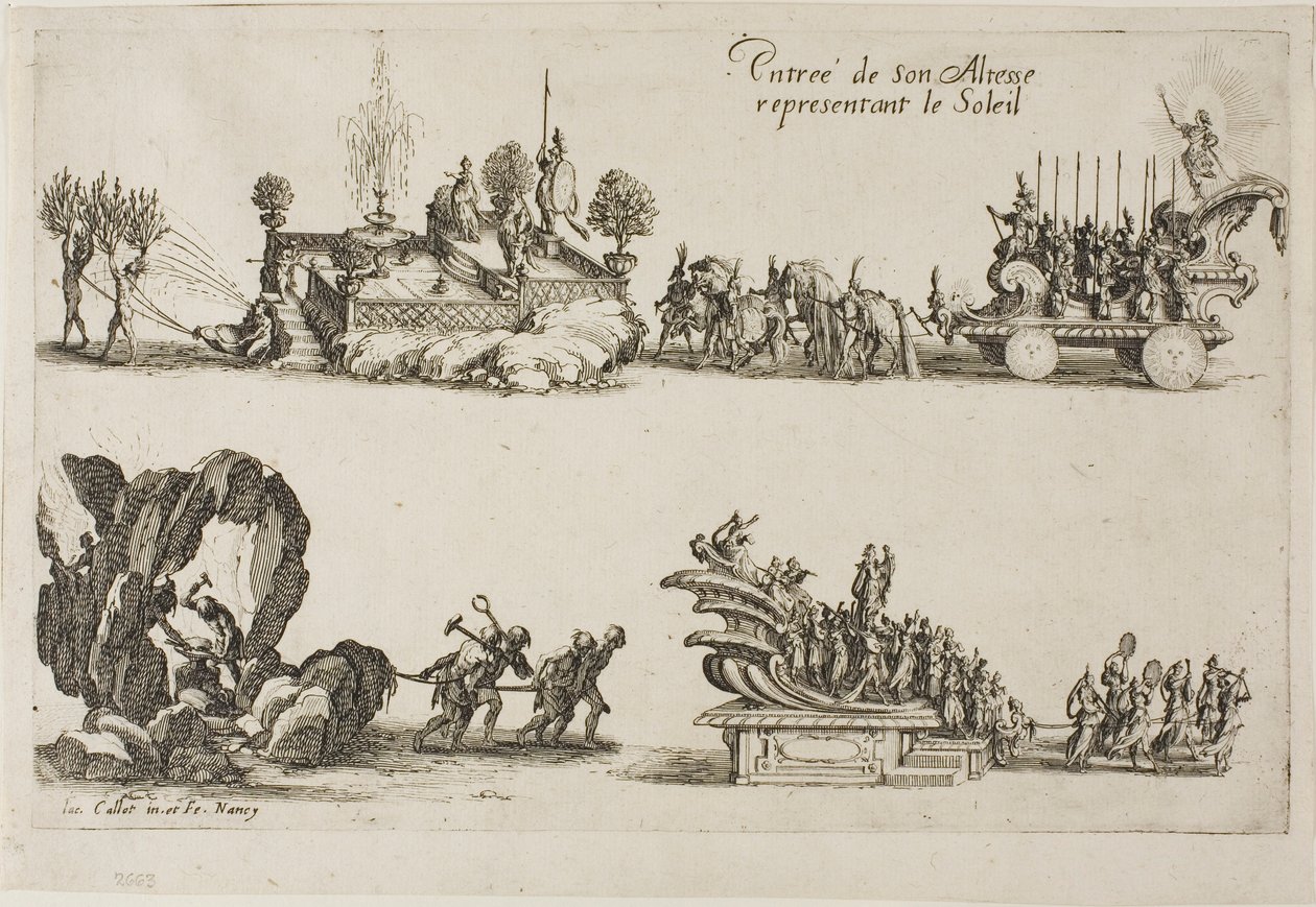 Hänen korkeutensa sisääntulo, joka edustaa aurinkoa, The Combat at the Barrierista tekijältä Jacques Callot