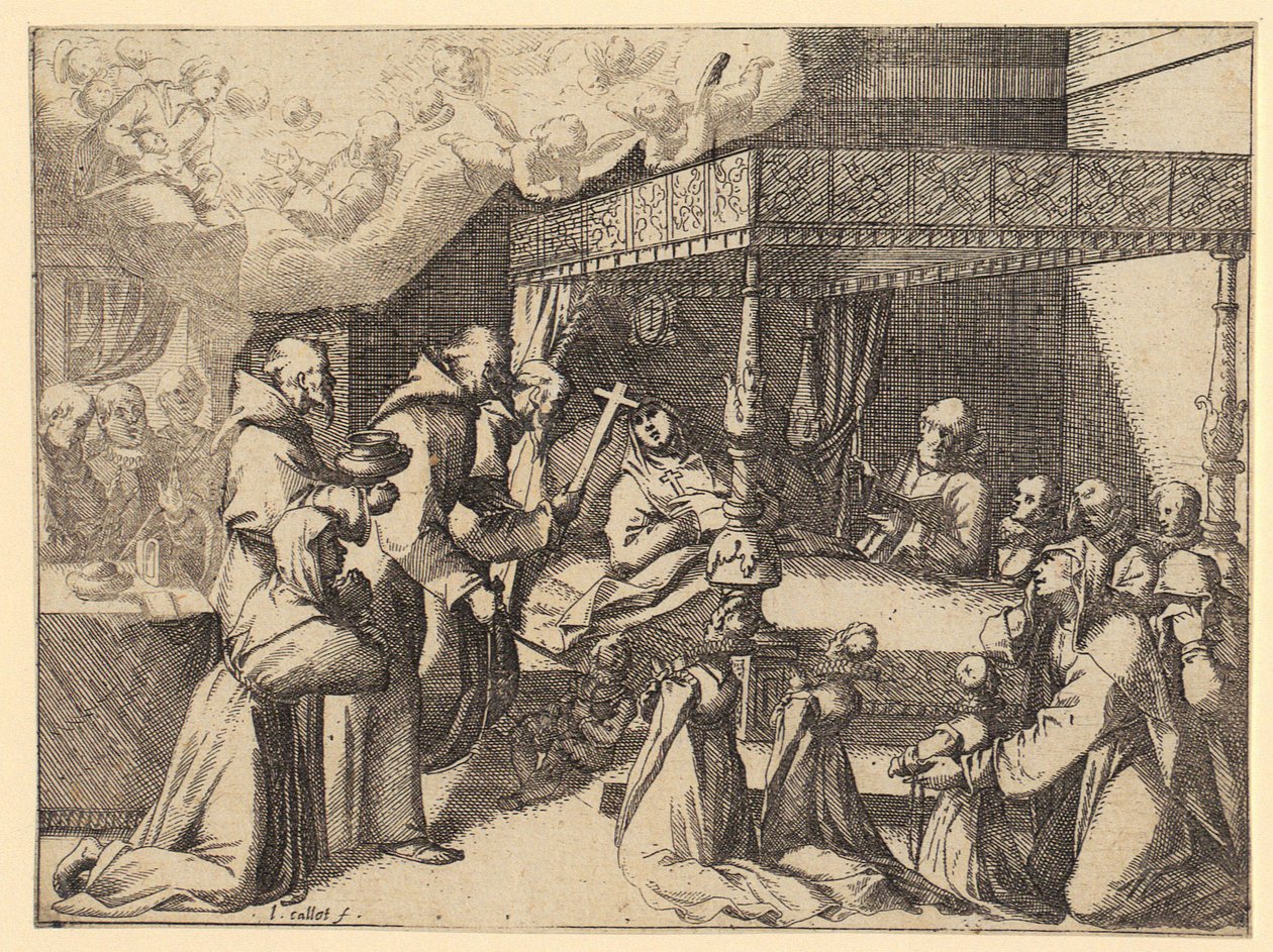 Arkkiruhtinatar Margarethe paavin audienssissa, sarjan ”Requiem Espanjan kuningattarelle” 5. sivu tekijältä Jacques Callot