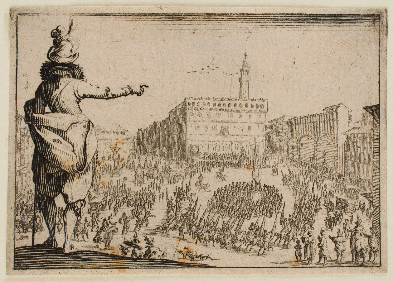 Festivaali Piazza Signorialla Firenzessä, teoksesta ”The Caprices” (Firenzen painos) tekijältä Jacques Callot