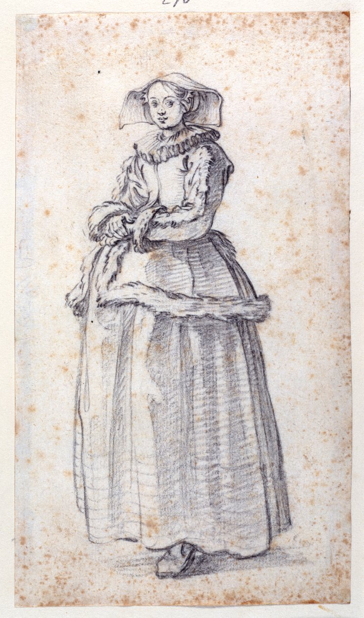 Figuuri ja turkisreunustettu mekko (musta liitu paperille) tekijältä Jacques Callot