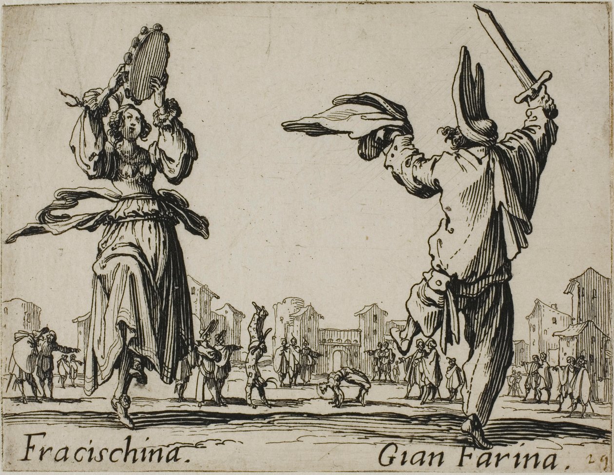 Fracischina - Gian Farina, lautanen 17 alkaen Balli di Sfessania -teoksesta tekijältä Jacques Callot