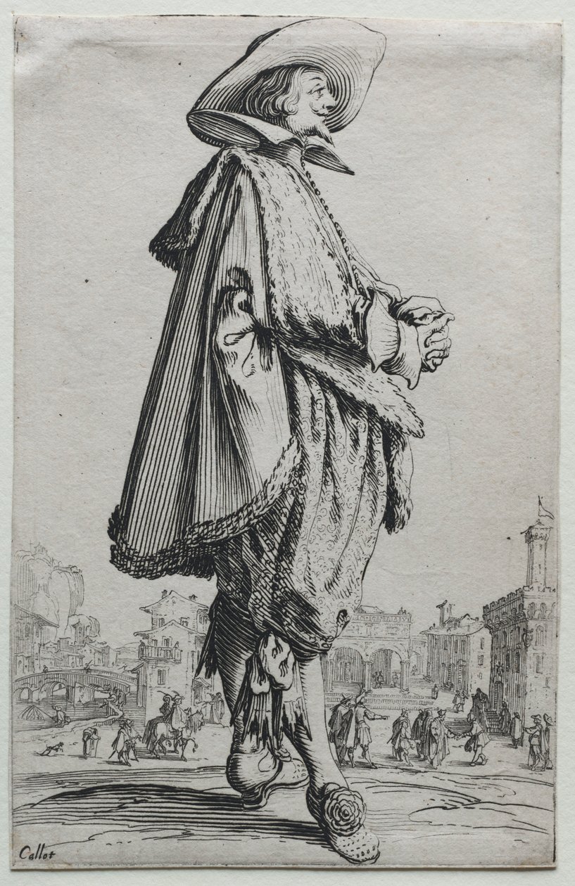Herrasmies seisoo profiilissa kädet ristissä. tekijältä Jacques Callot