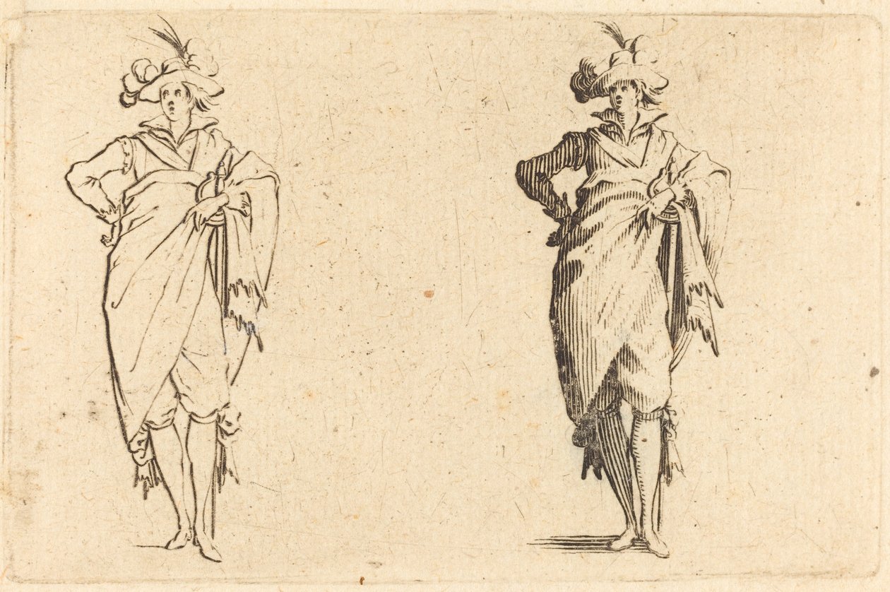 Gentleman edestä katsottuna käsi lantiolla, c. 1622. tekijältä Jacques Callot