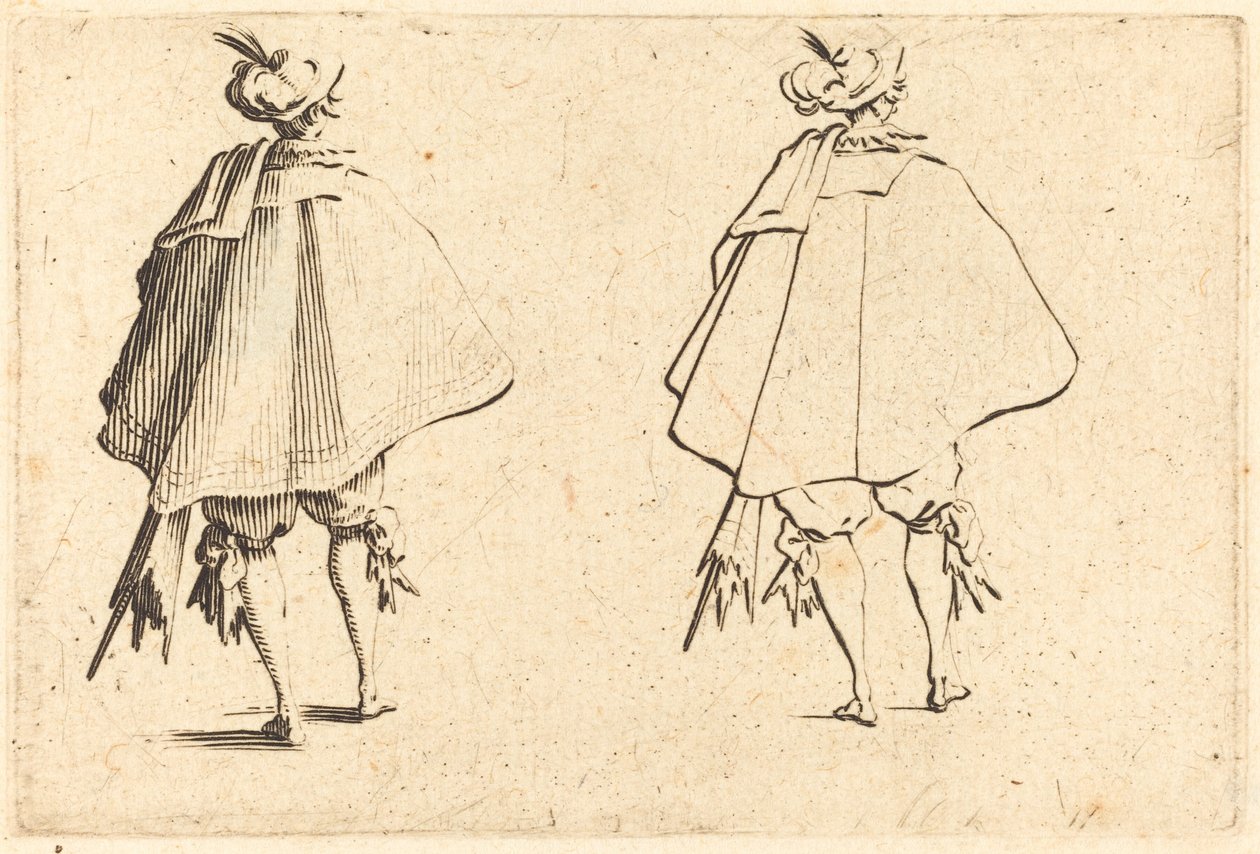 Herrasmies suuressa vaipassa takaa katsottuna tekijältä Jacques Callot