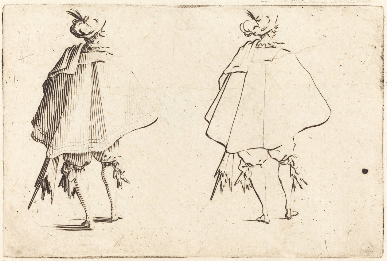 Herrasmies suuressa vaipassa takaa katsottuna tekijältä Jacques Callot