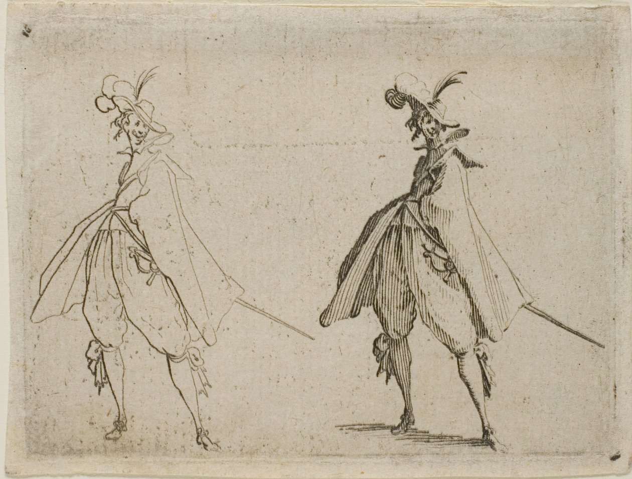 Herrasmies suuressa viitassa, edestä katsottuna, elokuvasta The Caprices (Kapriisit) tekijältä Jacques Callot