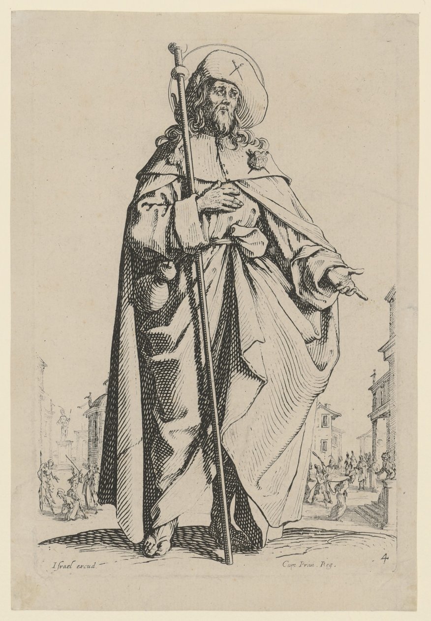 Pyhä Jaakob Vanhempi, sarjan ”Jeesus, kaksitoista apostolia ja Maria” sivu 7 tekijältä Jacques Callot