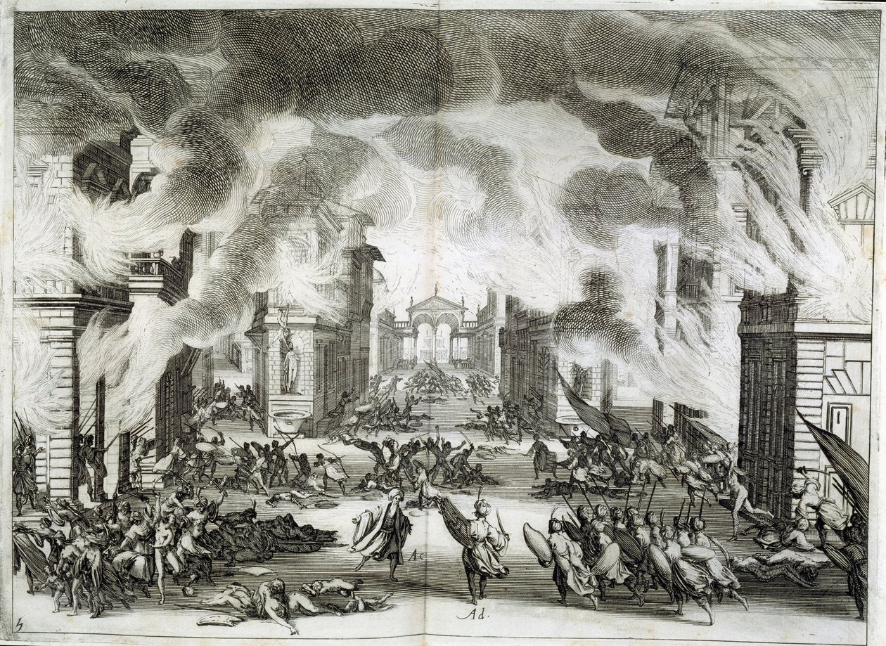 Kuvitus näytelmästä "Soliman" (Il Solimano). Prospero Bonarellin tragedia, V näytös, V kohtaus, 8. joulukuuta. tekijältä Jacques Callot