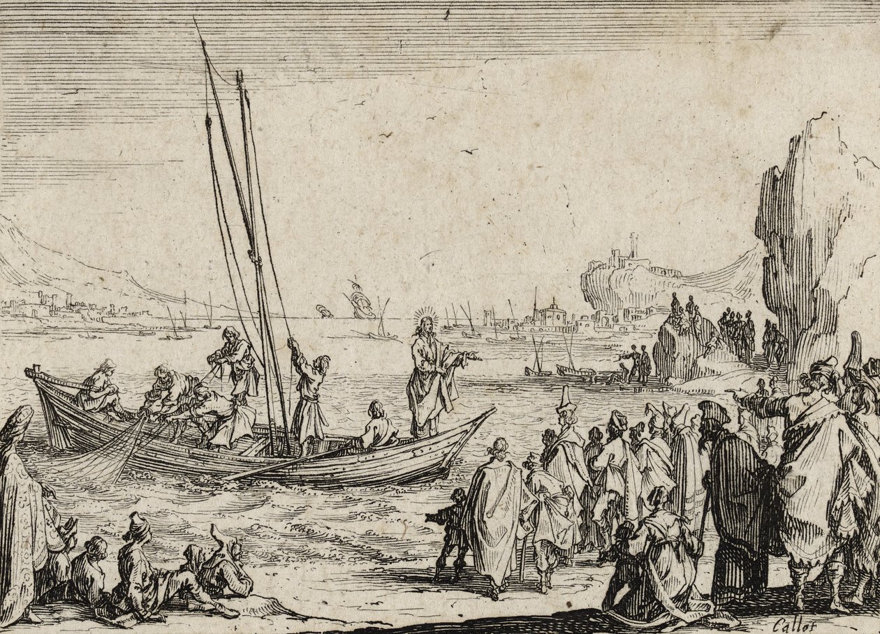 Jeesus saarnaa meren rannalla, 1635 tekijältä Jacques Callot