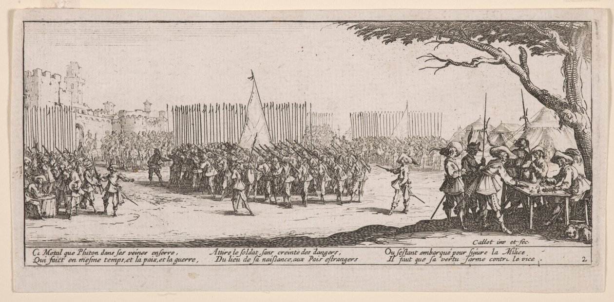 Joukkojen ilmoittautuminen, kuvitus teoksesta The Large Miseries of War tekijältä Jacques Callot