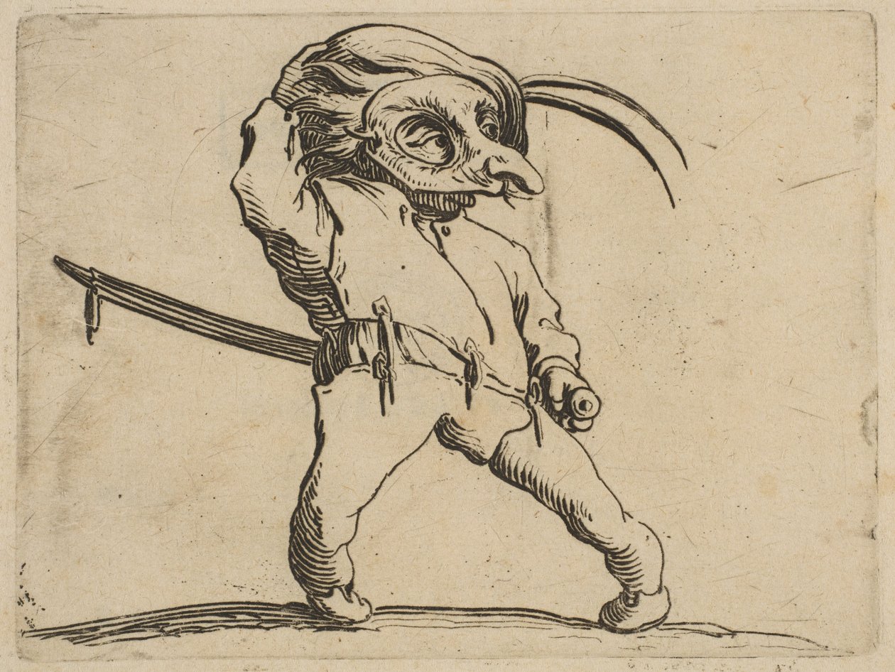 Naamioitu mies vinoilla jaloilla, Varien kuvasta ..., 1616-22. tekijältä Jacques Callot