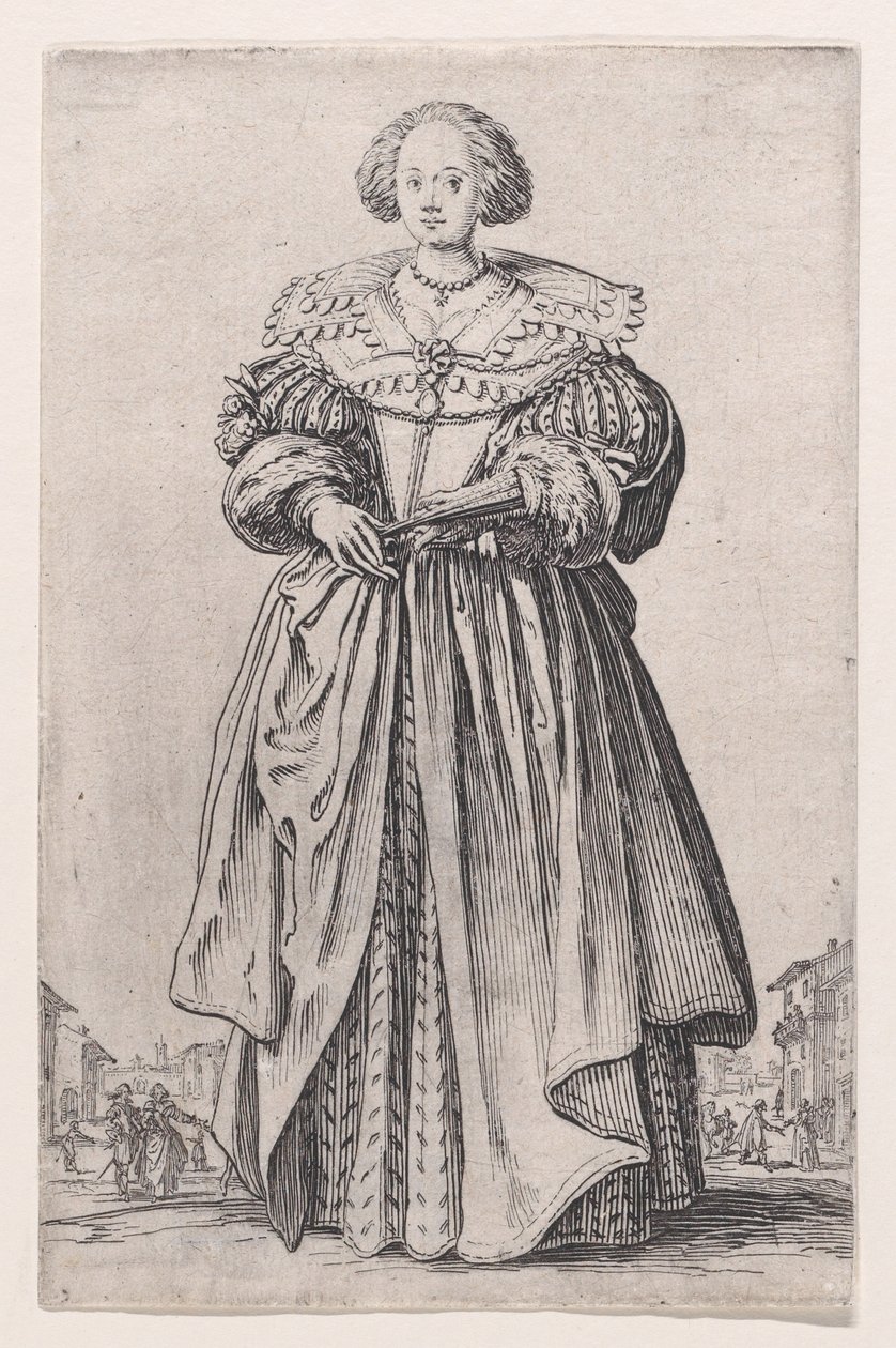 Viuhkaa pitelevä nainen, sarjasta "Aatelisto" tekijältä Jacques Callot