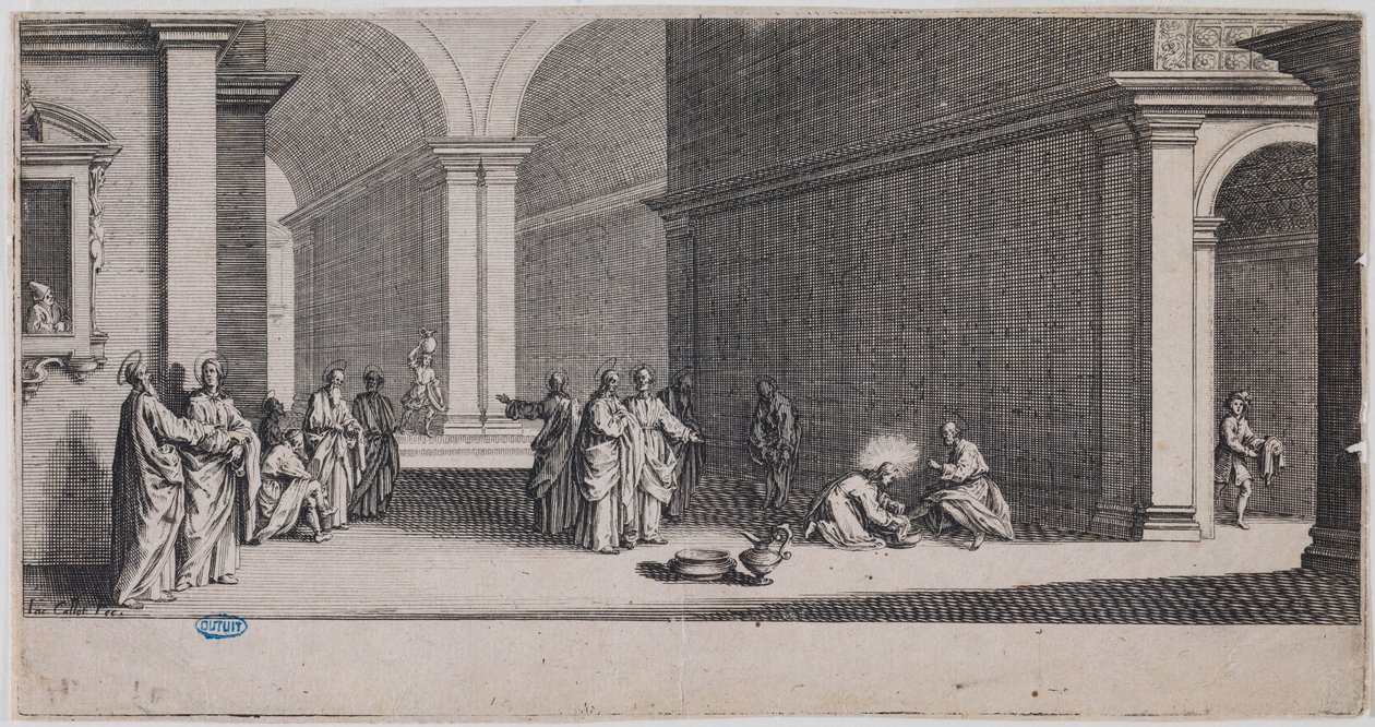 Suuri passio, jalkojen pesu. Ensimmäinen numero 7 lehden sarjasta (Lieure 281, Meaume 12) tekijältä Jacques Callot