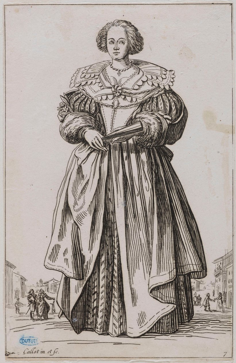 Aatelisto, Tuulettimen kanssa oleva nainen. 12-osaisen sarjan yhdeksäs osa (Lieure 557, Meaune 683) tekijältä Jacques Callot