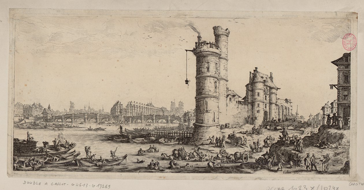 Tour de Nesle ja näkymä Pont Neufille tekijältä Jacques Callot
