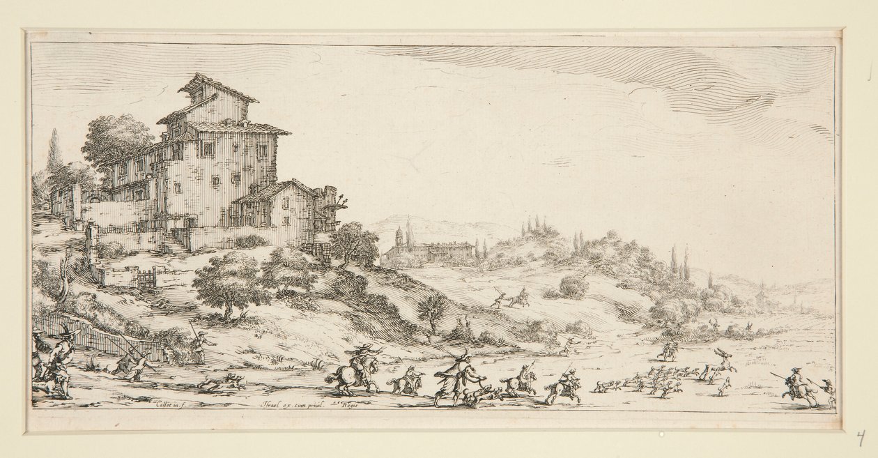 La chasse au cerf (hirvenmetsästys kartanon lähellä), Giovanni de Medicin maisemista tekijältä Jacques Callot