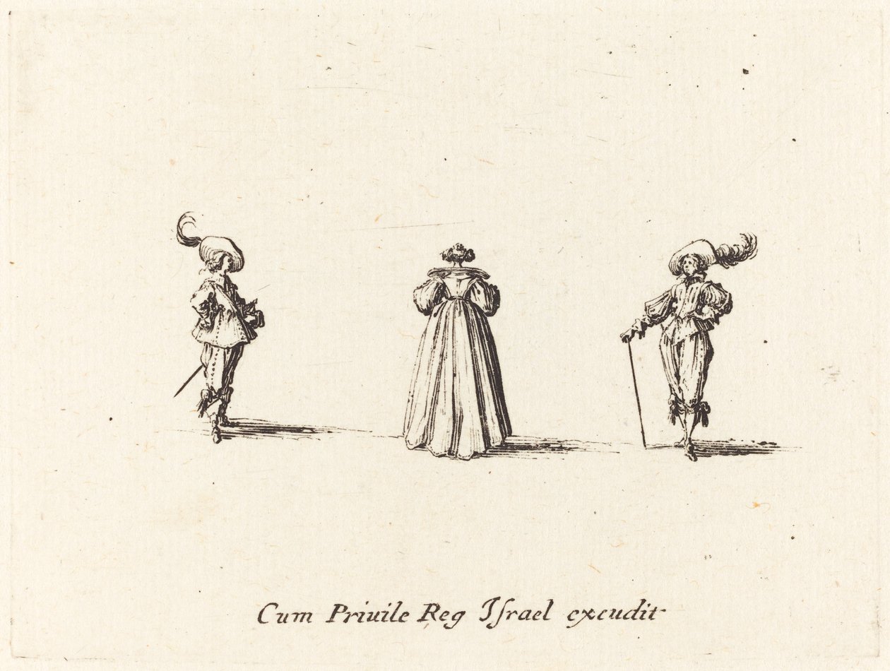 Nainen takaa nähtynä ja kaksi herraa tekijältä Jacques Callot