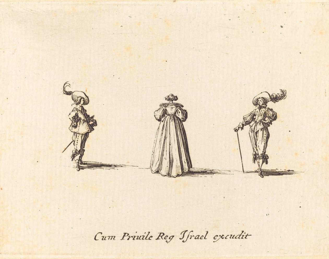 Nainen takaa nähtynä ja kaksi herraa tekijältä Jacques Callot