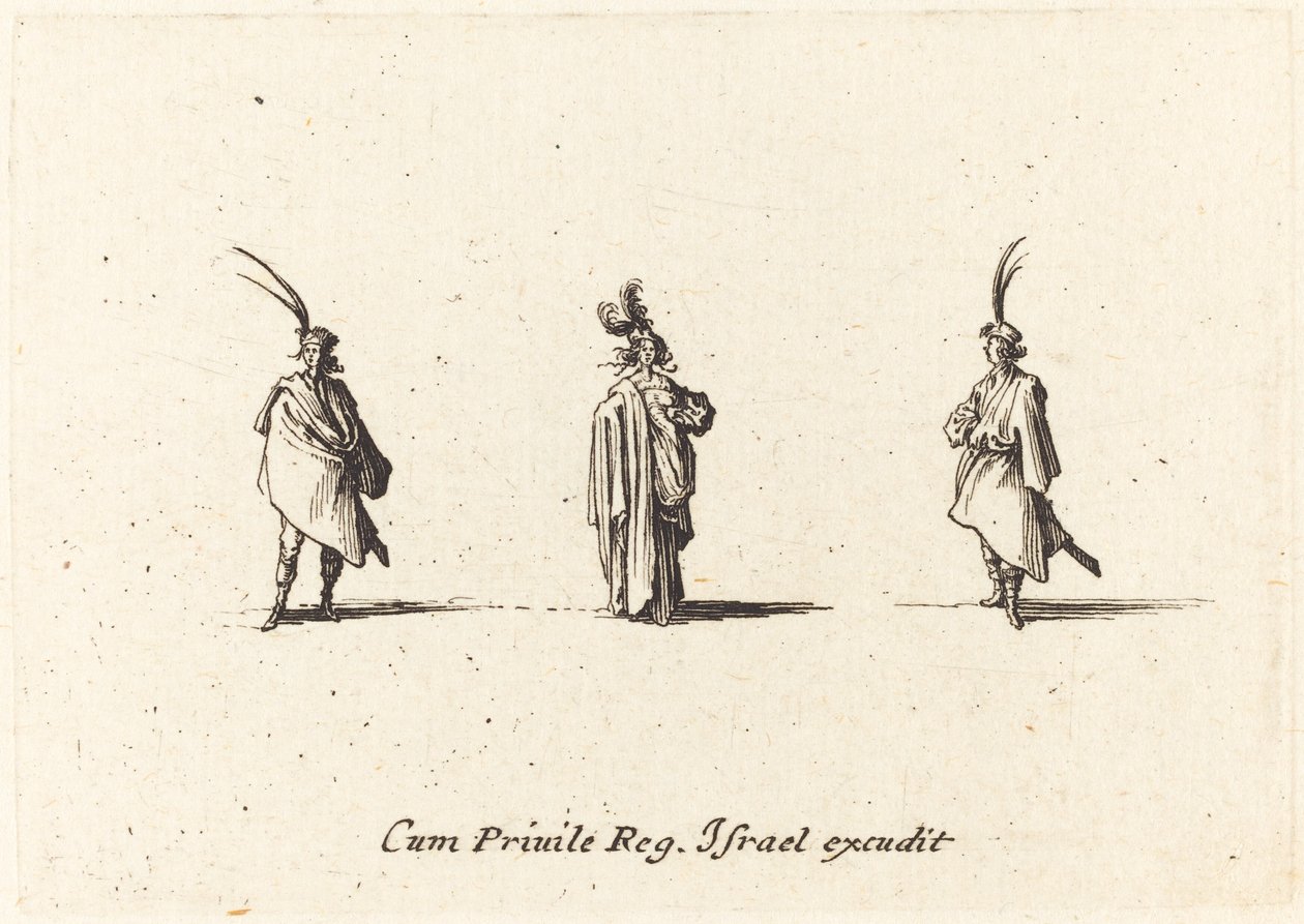 Nainen pitkässä viitassa ja kaksi herraa tekijältä Jacques Callot