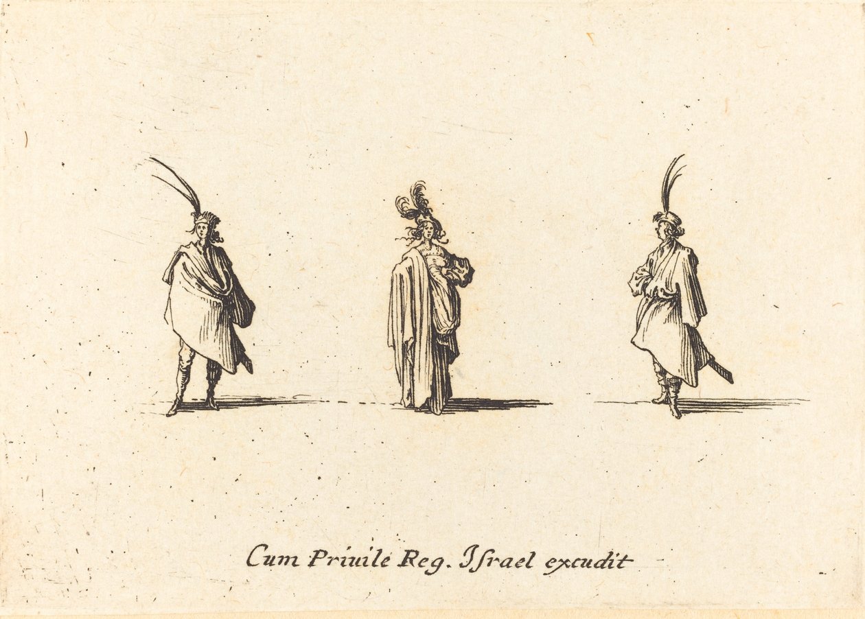 Nainen pitkässä viitassa ja kaksi herraa tekijältä Jacques Callot