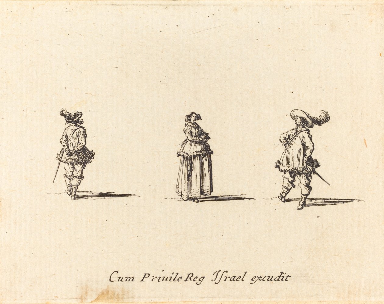 Nainen kädet ristissä ja kaksi herraa tekijältä Jacques Callot